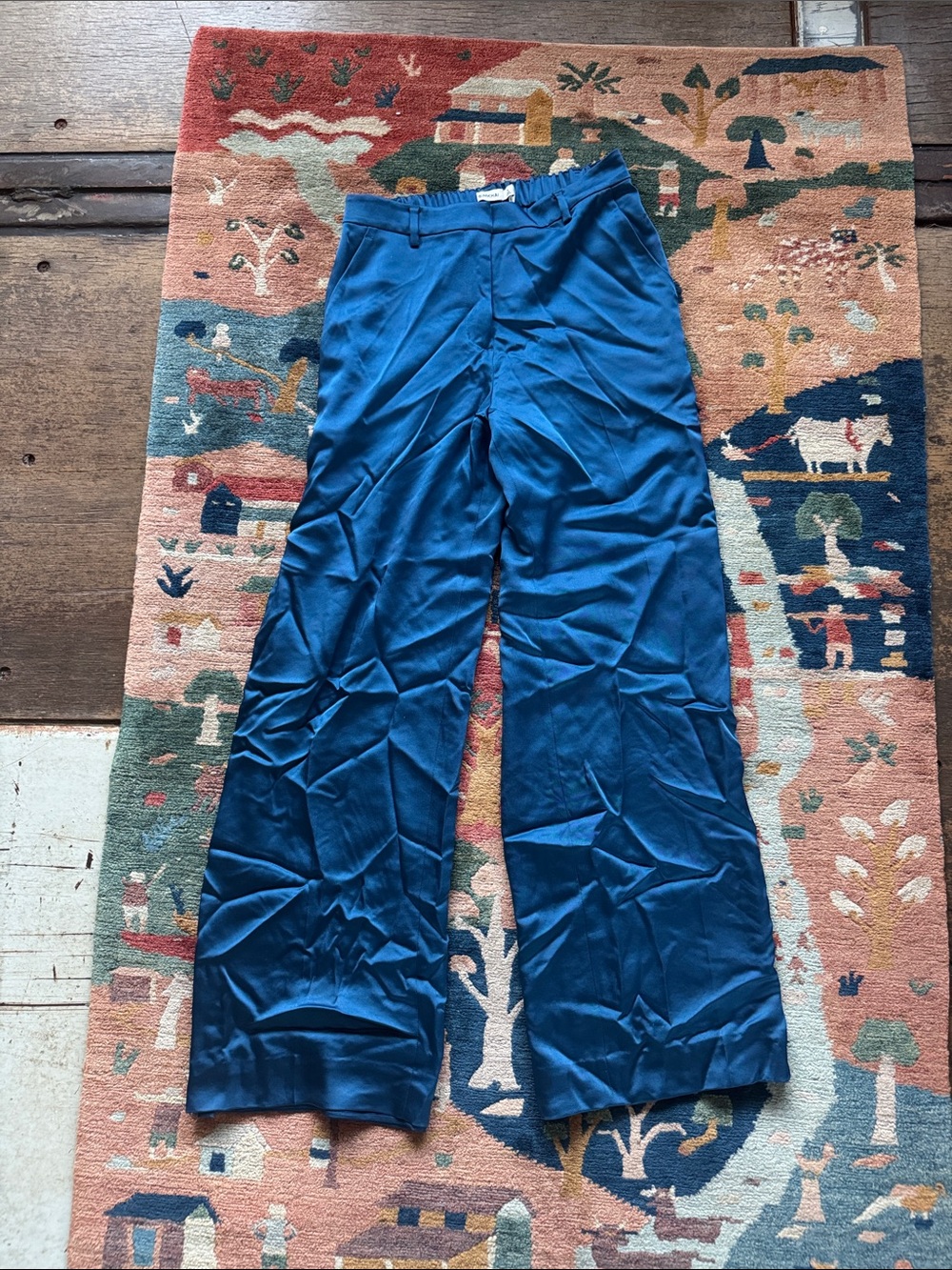 Wide-Leg Satin Trousers in Deep Teal Blue